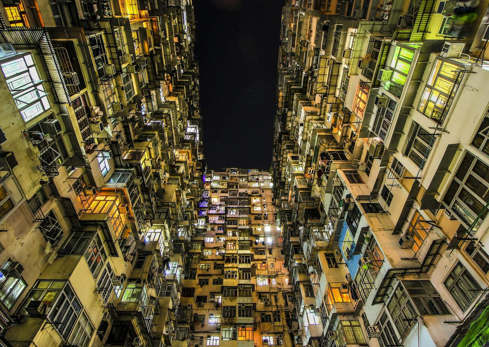A worm's-eye view up the glass facades of Central office towers