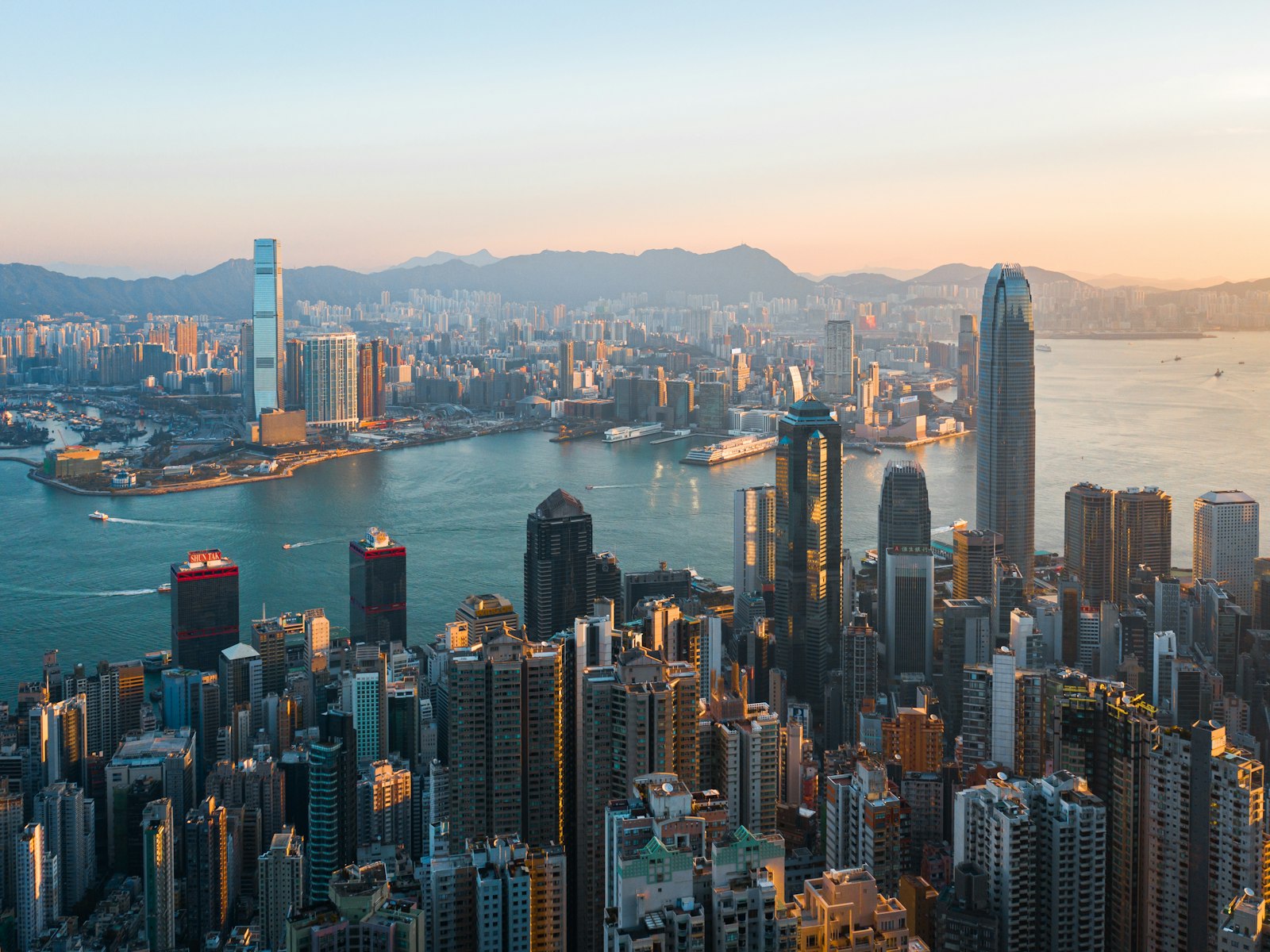 The Hong Kong skyline at night across Victoria Harbour